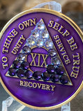 19 Year AA Medallion Purple Tri-Plate Transition Swarovski Crystal Sobriety Chip