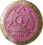 4 Month AA Medallion Reflex Pink Glitter Gold Plated Sobriety Chip