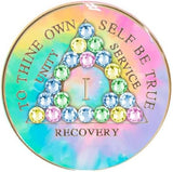1 - 30 Year AA Medallion Psychic-Delic Rainbow Tie-Dye Patchwork Crystal Sobriety Chip