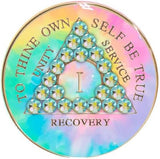 1 - 10 Year AA Medallion Psychic-Delic Rainbow Tie-Dye Robins Egg Light Blue Crystal Sobriety Chip
