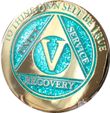 5 Year AA Medallion Elegant Glitter Aqua Turquoise Gold & Silver Plated Sobriety Chip