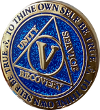5 Year AA Medallion Reflex Blue Glitter Gold Plated Sobriety Chip