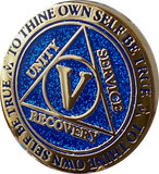 5 Year AA Medallion Reflex Blue Glitter Gold Plated Sobriety Chip