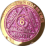 6 Month AA Medallion Reflex Pink Glitter Gold Plated Sobriety Chip