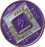 6 Year NA Clean Time Chip Purple Silver Glitter Official Narcotics Anonymous Medallion