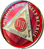17 Year AA Medallion Mandarin Red Tri-Plate Sobriety Chip Serenity Prayer Back