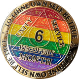 6 Month AA Medallion Rainbow Glitter LGBTQ LGBT Design Gold Plated Sobriety Chip