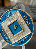5 Year NA Clean Time Chip Blue Silver Glitter Narcotics Anonymous Medallion