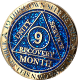 Set of 12 Blue Glitter Gold Plated AA Month 1 - 11 and 18 Months Chips Reflex Design