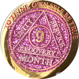 9 Month AA Medallion Reflex Pink Glitter Gold Plated Sobriety Chip