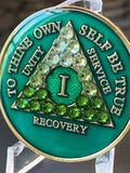 1 Year AA Medallion Green Transition Crystal Tri-Plate Sobriety Chip