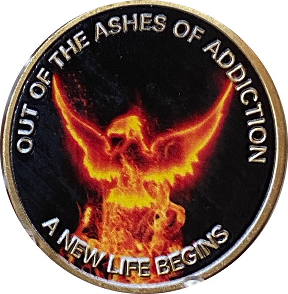 Out of The Ashes of Addiction A New Life Begins Color Phoenix Flames Sobriety Medallion