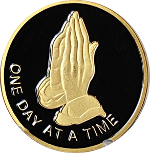 Praying Hands One Day At A Time Black Gold Tone Serenity Prayer Medallion