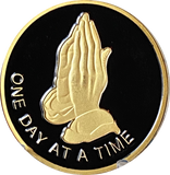 Praying Hands One Day At A Time Black Gold Tone Serenity Prayer Medallion