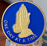 Praying Hands One Day At A Time Blue Gold Tone Serenity Prayer Medallion