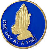 Praying Hands One Day At A Time Blue Gold Tone Serenity Prayer Medallion