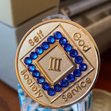 3 Year NA Clean Time Chip Bronze Sapphire Crystal Sobriety Medallion