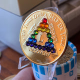 50 Year AA Medallion Gold Plated Rainbow LGBT Crystal Sobriety Chip