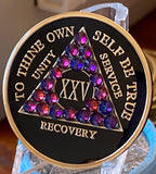 Black Volcano Swarovski Crystal AA Medallion Tri-Plate Sobriety Chip Year 1 - 50