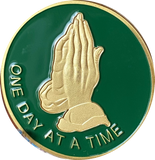 Praying Hands One Day At A Time Green Gold Tone Serenity Prayer Medallion