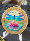 Dragonfly Pink Lotus Flower One Day At A Time Medallion Serenity Prayer Chip