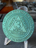 Bulk Lot of 25 Aluminum 3 Month AA Medallions Green Color Sobriety Chips Serenity Prayer Back