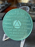 Bulk Lot of 25 Aluminum 3 Month AA Medallions Green Color Sobriety Chips Serenity Prayer Back