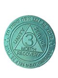 Bulk Lot of 25 Aluminum 3 Month AA Medallions Green Color Sobriety Chips Serenity Prayer Back