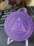 Bulk Lot of 25 Aluminum 9 Month AA Medallions Purple Color Sobriety Chips Serenity Prayer Back