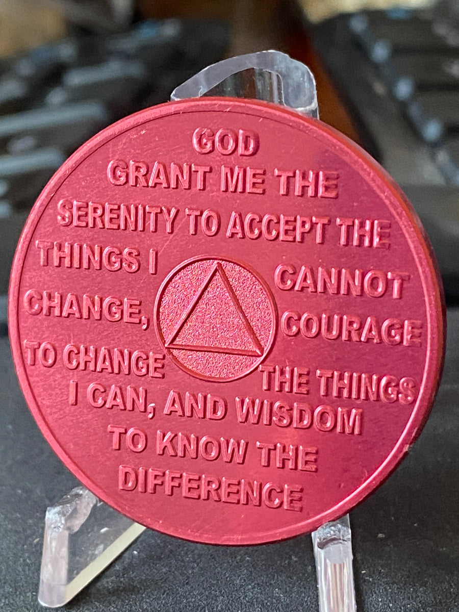 5 Month Sobriety Chip – Red Aluminum AA Medallion With Serenity Prayer (34mm)