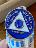 50 Year AA Medallion Metallic Blue Tri-Plate Sobriety Chip Serenity Prayer Back