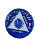 50 Year AA Medallion Metallic Blue Tri-Plate Sobriety Chip Serenity Prayer Back