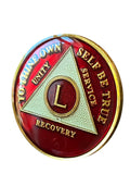 50 Year AA Medallion Metallic Red Tri-Plate Sobriety Chip Serenity Prayer Back