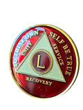 50 Year AA Medallion Metallic Red Tri-Plate Sobriety Chip Serenity Prayer Back