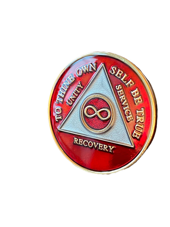 Infinity Symbol AA Medallion Red Tri-Plate Eternity Sobriety Chip Serenity Prayer Back