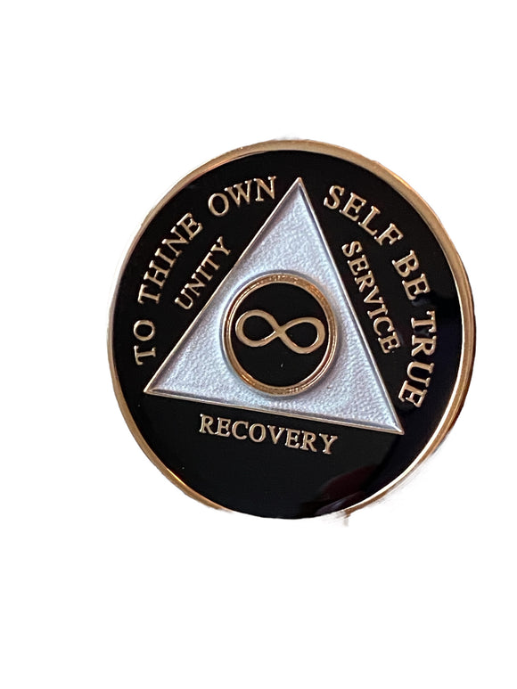 Infinity AA Medallion Black Tri-Plate Eternity Sobriety Chip Serenity Prayer Back