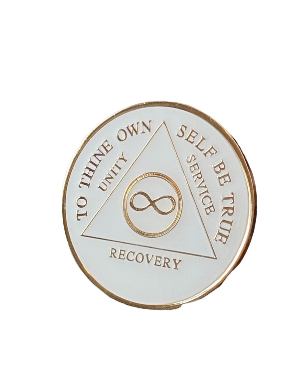 Infinity AA Medallion White Tri-Plate Eternity Sobriety Chip Serenity Prayer Back