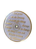 1 Year AA Medallion White Circle Shakra Crystal Sobriety Chip Serenity Prayer Back