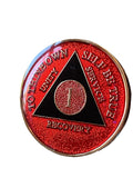 1 Year AA Medallion Red Black Gold Plated Tri-Plate Sobriety Chip Serenity Prayer Back