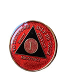1 Year AA Medallion Red Black Gold Plated Tri-Plate Sobriety Chip Serenity Prayer Back
