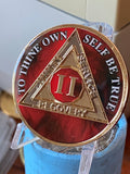 2 Year AA Medallion Lava Red Tri-Plate Sobriety Chip Serenity Prayer Back