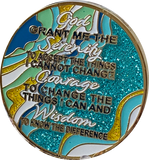 19 Year AA Medallion Elegant Caribbean Aqua Glitter Teal Marble Gold Sobriety Chip