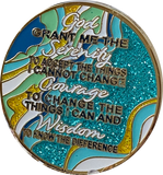 33 Year AA Medallion Elegant Caribbean Aqua Glitter Teal Marble Gold Sobriety Chip