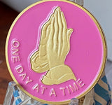 Praying Hands One Day At A Time Pink Gold Tone Serenity Prayer Medallion