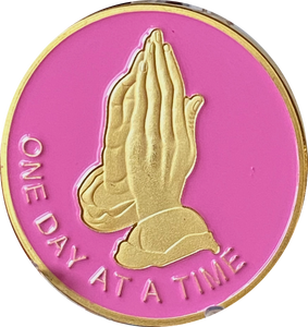 Praying Hands One Day At A Time Pink Gold Tone Serenity Prayer Medallion