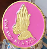 Praying Hands One Day At A Time Pink Gold Tone Serenity Prayer Medallion