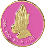 Praying Hands One Day At A Time Pink Gold Tone Serenity Prayer Medallion
