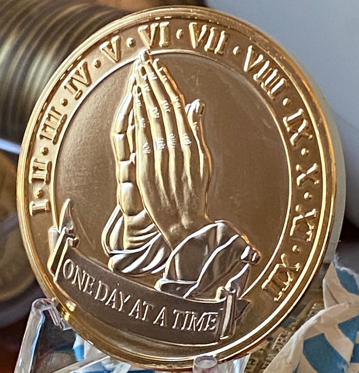 Praying Hands One Day At A Time Large 39mm Gold Plated Medallion Chip ...