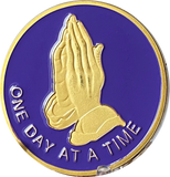 Praying Hands One Day At A Time Purple Gold Tone Serenity Prayer Medallion