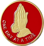 Praying Hands One Day At A Time Red Gold Tone Serenity Prayer Medallion